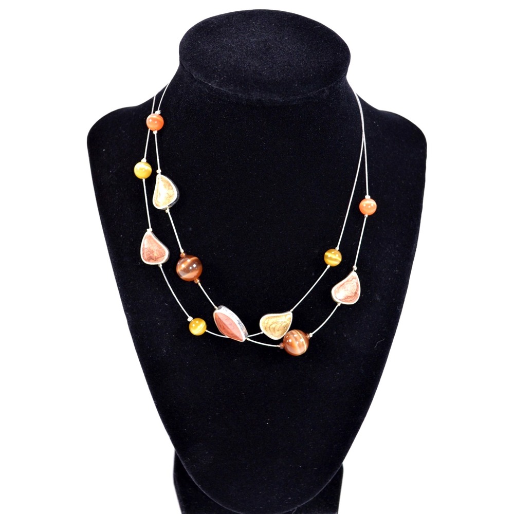 Double Strand Round Glass Beads & Flat‎ Plastic Bead Necklace 18"
